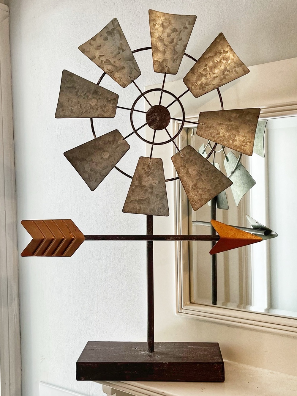 Rustic Silver & Brown distressed metal Windmill Arrow wood Table Decor
